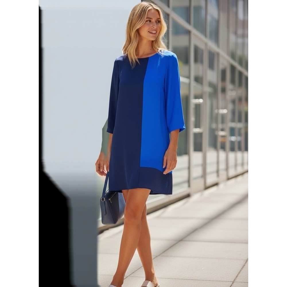 J. Crew Colorblock Silk Mini Shift Dress Women Sz 0 Blue Navy Office Minimalist